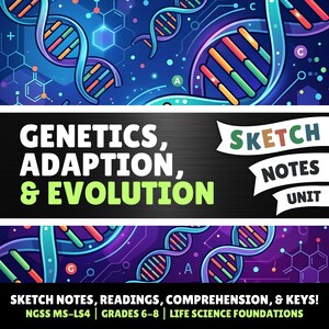 May include: A digital educational graphic featuring a dark blue background with stylised DNA double helix strands, chemical structures, and the text "GENETICS, ADAPTION, & EVOLUTION", "SKETCH NOTES UNIT", and "SKETCH NOTES, READINGS, COMPREHENSION, & KEYS!"
