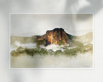 May include: A watercolor painting of a waterfall cascading down a cliff face, surrounded by lush green foliage and mist. The scene is bathed in a soft, golden light, creating a serene and ethereal atmosphere.