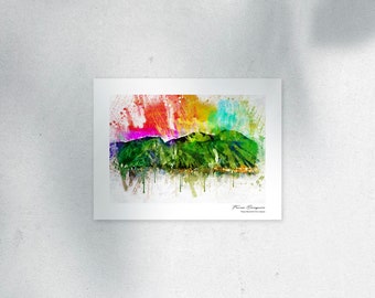 May include: A watercolor painting of a mountain range with a colorful abstract background. The painting is titled "Pico Espejo" and has the words "Parque Nacional El Avila, Venezuela" underneath the title.
