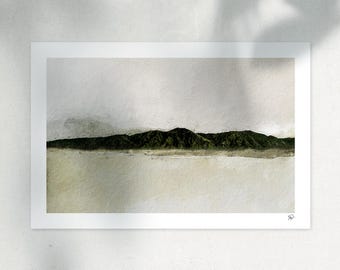 May include: A rectangular art print featuring a landscape illustration of dark green mountains set against a pale, textured off-white sky and foreground. The composition includes a small, stylized signature in the bottom right corner.