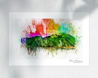May include: A watercolor painting of a mountain range with a colorful abstract background. The painting is titled "Monte Carpegna" with the text "Parco Naturale di S. Bartolo"