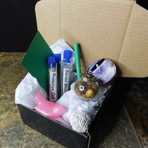 May include: A black box filled with various items, including a pink bird figurine, a small glass orb with dried flowers and a brown seed, a white candle, a green stick, and three small glass vials with blue caps labeled "Protection Salt", "Blessed Water", and "Blessed Water".