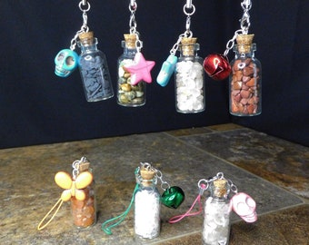 Colorful Crystal Chip Vial Keychains with Charm and Lanyard Lobster Clasp Cord