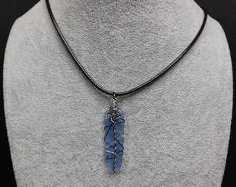 Wire Wrapped Tumbled Recycled Stained Glass Balanced Wave Clear Blue Pendant Necklace Jewelry Accessory Gift