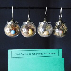 May include: Four glass ornaments with a gold-toned metal top and a wire loop for hanging. Each ornament contains a small nest with a single egg. The eggs are different colors: blue, yellow, white, and brown. The text "Nest Talisman Charging Instructions" is printed on a green card below the ornaments.