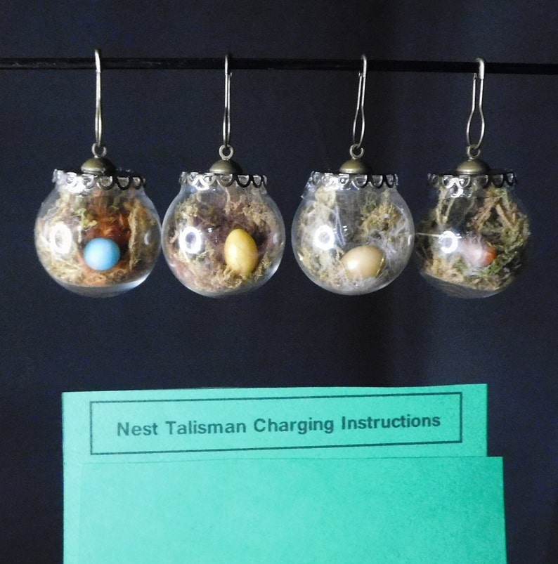 May include: Four glass ornaments with a gold-toned metal top and a wire loop for hanging. Each ornament contains a small nest with a single egg. The eggs are different colors: blue, yellow, white, and brown. The text "Nest Talisman Charging Instructions" is printed on a green card below the ornaments.
