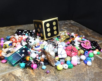 Mystery Surprise Oddity Crow Confetti Dice Box with Wire Wrapped Pendant, Wire and Bead Scorpion, Button Totem, Epoxy Resin Domino and More