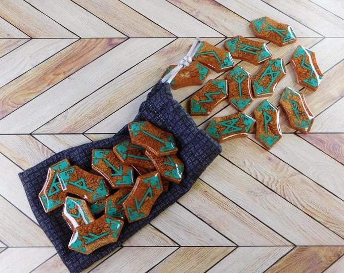 Epoxy Resin Futhark Rune Reading Sets Bronze and Turquoise With ...