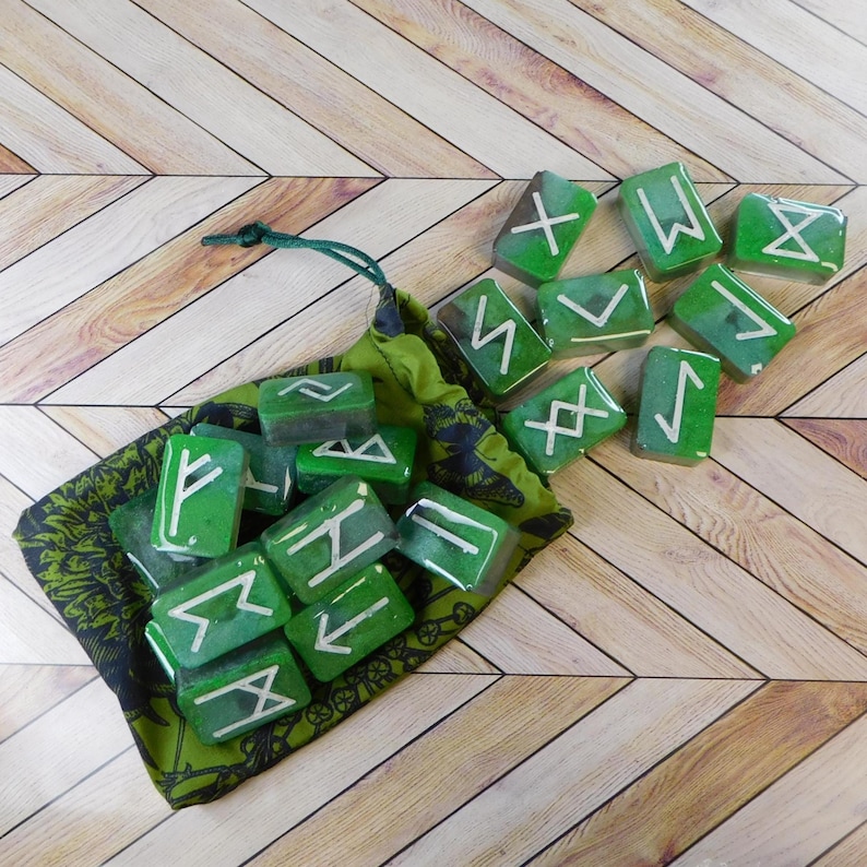 Epoxy Resin Rectangle Futhark Rune Reading Sets Green and Teal With ...