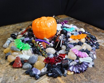 Mystery Surprise Halloween Crystal Confetti Pumpkin with Protection Talisman, Vampire Blood Vial, Resin Bat Duo Samhain