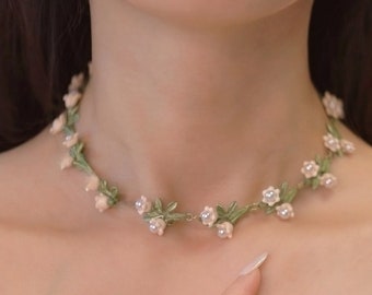 Lily of the Valley Necklace, Cottagecore Lily Necklace, Coquette Flower Choker, Vintage Flower Necklace, Lily Fairy Necklace, Handmade Gift