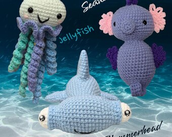 Crochet Hammerhead Shark, Jellyfish, Seahorse Plushie, Handmade Stuffed Animal Ready-To-Go