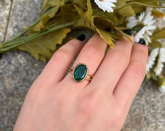 Emerald Green Gemstone Ring: Vintage Gold Adjustable Statement Ring