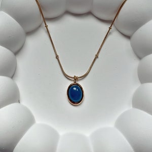 Turquoise Oval Pendant Necklace in  Gold, Dainty Blue Oval Charm Necklace, Dark Blue Gold Necklace, Simple Statement Necklace