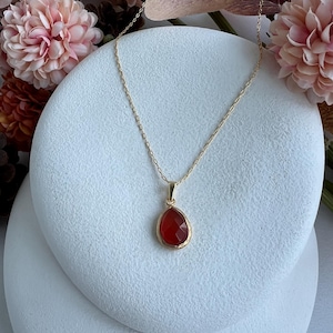 May include: A gold necklace featuring a red, teardrop-shaped gemstone pendant. The pendant is set in a gold bezel and suspended from a fine gold chain. The necklace is presented on a white, textured surface, with pink flowers in the background.