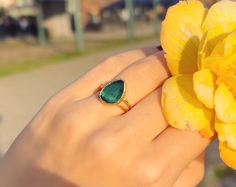 Emerald Gemstone Ring: Vintage Green Ring, Gold Plated Adjustable Statement Ring, May Birthstone Ring, Meaningful Gift