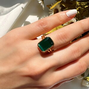 Emerald Green Baguette Ring: Vintage Gold Adjustable Statement Ring