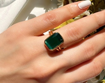 Emerald  Cut Ring, May Birthstone Ring, Gold Plated Statement Ring, Valentines Day gift, Unique Handmade Ring