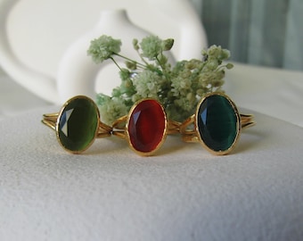 Green Gemstone Gold Ring: Adjustable Oval Solitaire