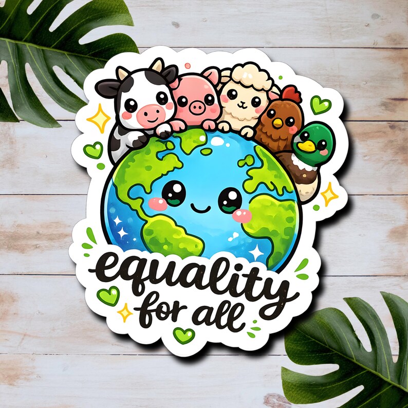 Equality for All Sticker | Cute Vegan Animal Rights Sticker | Kawaii Earth Animals | Animal Lover Gift | Waterproof Vinyl Sticker image 3