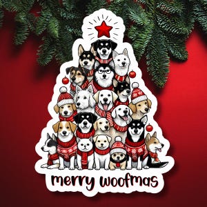 Witziger Merry Woofmas-Sticker – Hunde-Weihnachtsbaum Cartoon, lustiges Weihnachtsdesign, in Matt, Glitzer oder Glänzend, Mini bis XL