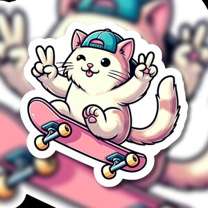 スケートボード上のかわいい猫のステッカー かわいいクールなラップトップステッカー ジャーナルビニールデカール かわいいクールなスケーター猫 野球帽付き Sk8 & Peace