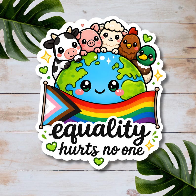 May include: A die-cut sticker featuring a smiling Earth globe surrounded by a cow, pig, sheep, chicken, and duck. The globe holds a Progress Pride flag. Below the globe, the text reads equality hurts no one in black script with green hearts.