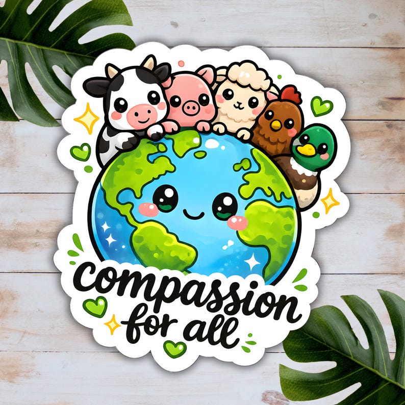 May include: A die-cut sticker featuring a cartoon globe with a smiling face, surrounded by a cow, pig, sheep, chicken, and duck. The text "compassion for all" is written in black script below the globe, accented by small green hearts and yellow stars.