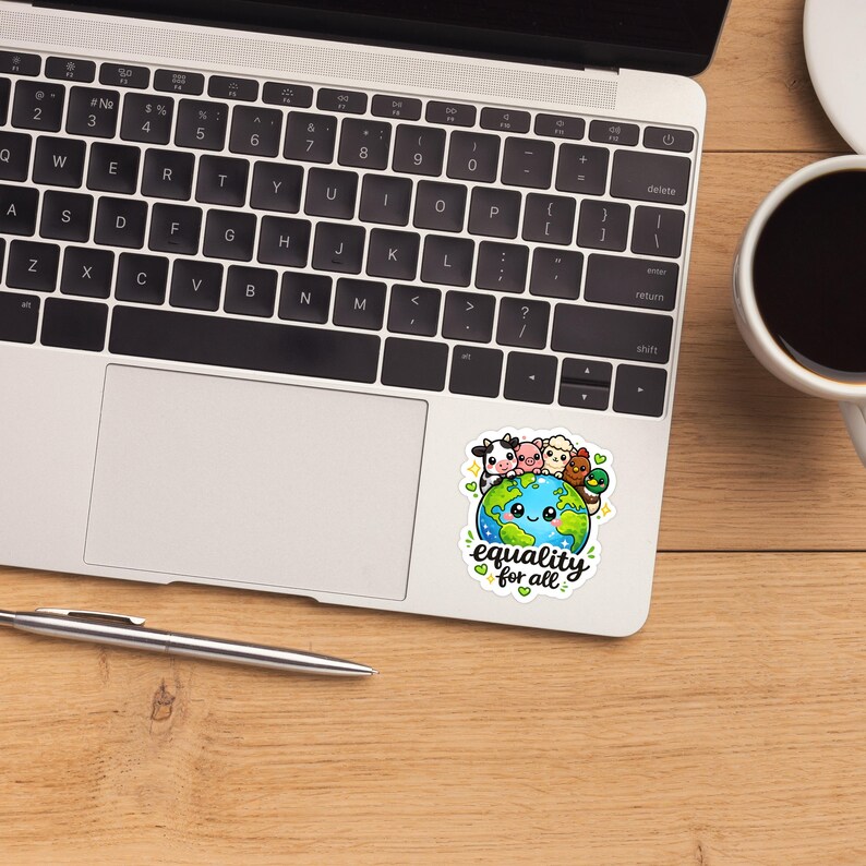 May include: A die-cut sticker featuring a cartoon Earth with a smiling face, surrounded by a cow, pig, sheep, chicken, and duck. The text "equality for all" is printed in black script below the globe, accented by small green hearts and yellow stars.