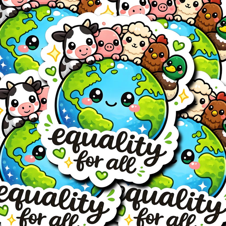 May include: A die-cut sticker featuring a smiling Earth globe with green continents and blue oceans, surrounded by a cow, pig, sheep, chicken, and duck. The text "equality for all" is written in black script below the globe with small green hearts.