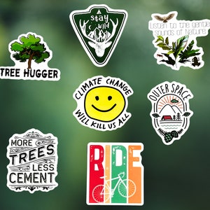 Set di 7 adesivi per esterni, confezione per esterni//adesivi per la protezione del clima, foresta, alberi selvatici, natura, biciclette, montagne, piante, clima, protezione degli animali