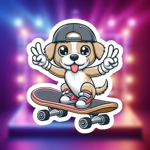 スケートボード上のかわいい犬のステッカー かわいいクールなラップトップステッカー ジャーナルビニールデカール かわいいクールなスケーターの子犬 野球帽付き Sk8 & Peace
