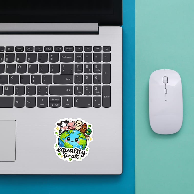 May include: A sticker featuring a cartoon Earth with a smiling face, surrounded by a cow, pig, sheep, chicken, and duck. The text below reads "equality for all" in a black script font, accented with small green hearts and yellow stars.