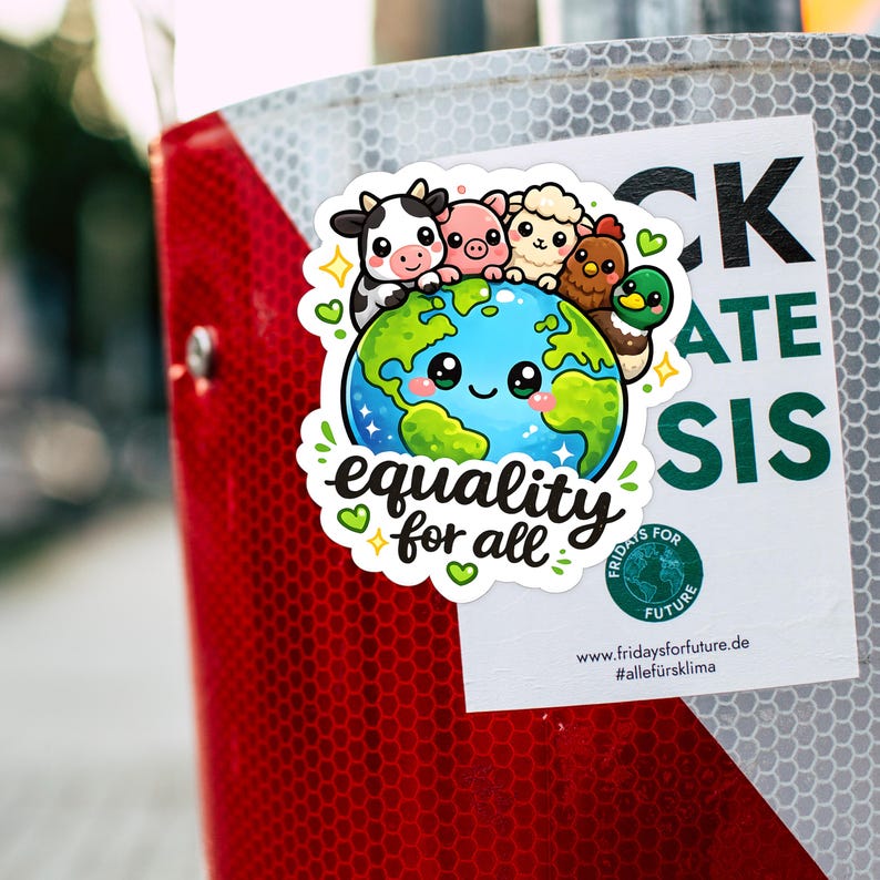 May include: A die-cut sticker featuring a cartoon Earth with a smiling face, surrounded by a cow, pig, sheep, chicken, and duck. The text "equality for all" is written in black script below the globe, accented by small green hearts and yellow stars.