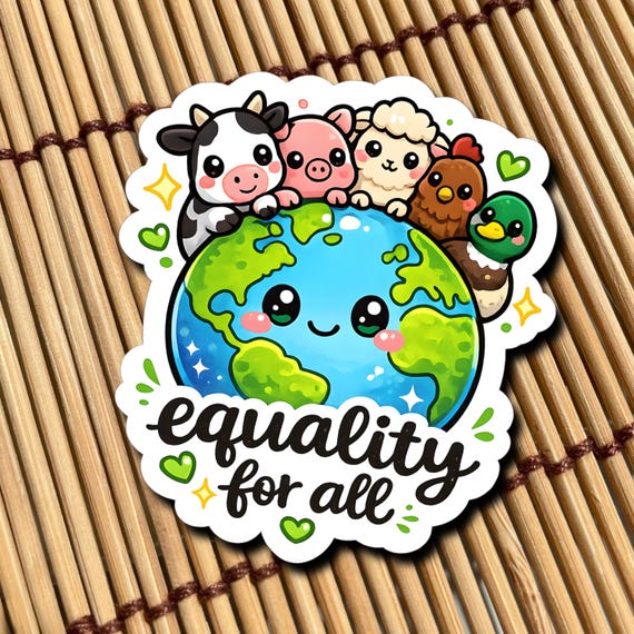Equality for All Sticker | Cute Vegan Compassion Animal Rights Sticker | Kawaii Earth Animals | Animal Lover Gift | Waterproof Vinyl Sticker