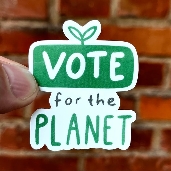 Sticker Umweltschutz // Witziger Aufkleber über den Klimawandel mit einem grünen Blatt und dem Spruch Vote for the Planet // Klimaschutz