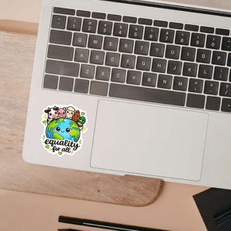 May include: A die-cut sticker featuring a cartoon Earth with a smiling face, surrounded by a cow, pig, sheep, chicken, and duck. The text "equality for all" is written in black script below the globe, accented by small green hearts and yellow stars.