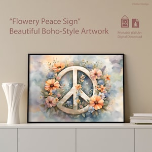 Floral Peace Sign Wall Art \ Boho Hippie Vintage Free Spirit Style Flower Painting Elegant Printable Decor \ AI-Generated \ Digital Download