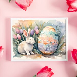 Bunny Rabbit & Egg Printable Easter Spring Wall Art Elegant Colorful ...