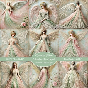 Lot de papier numérique shabby chic doux rose vert dentelle anges, élégant journal indésirable pages imprimables, pack d'artisanat éphémères scrapbooking vintage