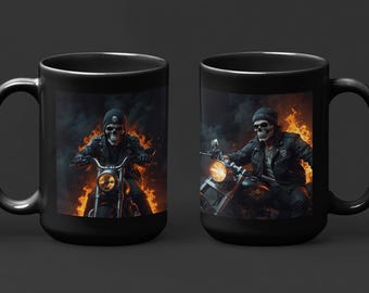 Biker Skull Mug 15oz, Motorcycle Skull Coffee Cup, Biker Gift for Him, Skull Rider Mug, Motorcycle Lover Gift, Mens Mug