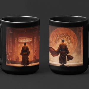 Puede incluir: Taza de cerámica negra con una ilustración detallada de una persona con una túnica, de espaldas, frente a una gran estructura ornamentada. El otro lado de la taza muestra a una persona con una túnica frente a un gran diseño circular.