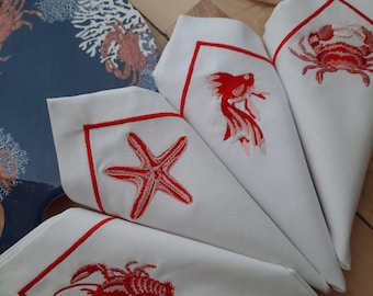 Nautical Embroidered Cotton Napkin Set,Red White,Crab , Lobster,Fish,Starfish,Beach House,Gift Idea,Yatch Decor,Cotton Dinner Napkin