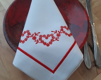 Valentine&#39;s Day Embroidered Linen Napkin: Red Heart Design