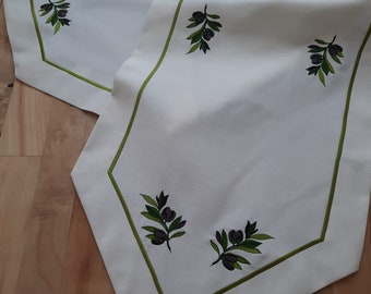 Embroidered Olive Pattern Table Runner: Mediterranean Decor (16"x 53")