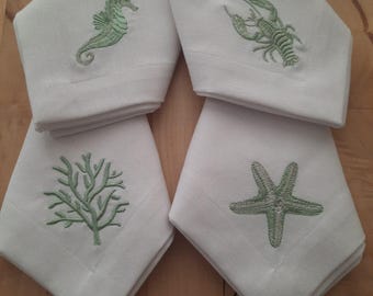 Embroidered Sea Animal Napkin Set: Coastal Table Decor