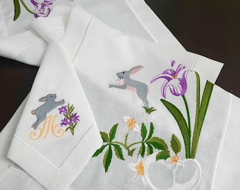 Embroidered Easter Linen Table Runner & Monogrammed Napkin Set