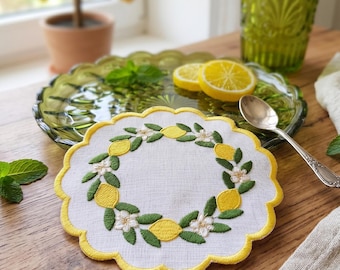 Lemon Embroidered Linen Napkin, Scalloped Coaster