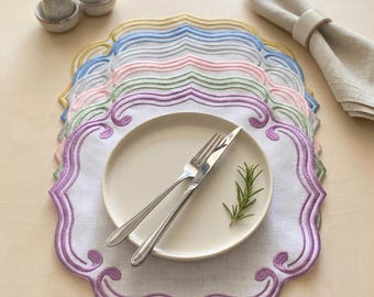 Embroidered Linen Placemat with Medallion Edge, Elegant Wedding Table Decor