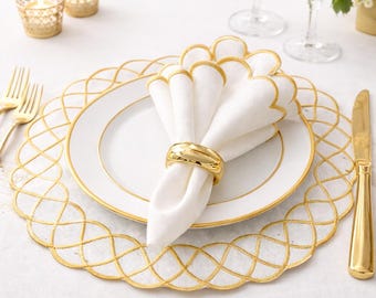Juego de mantel individual y servilletas de lino bordado con borde dorado: elegante decoración para la mesa de boda